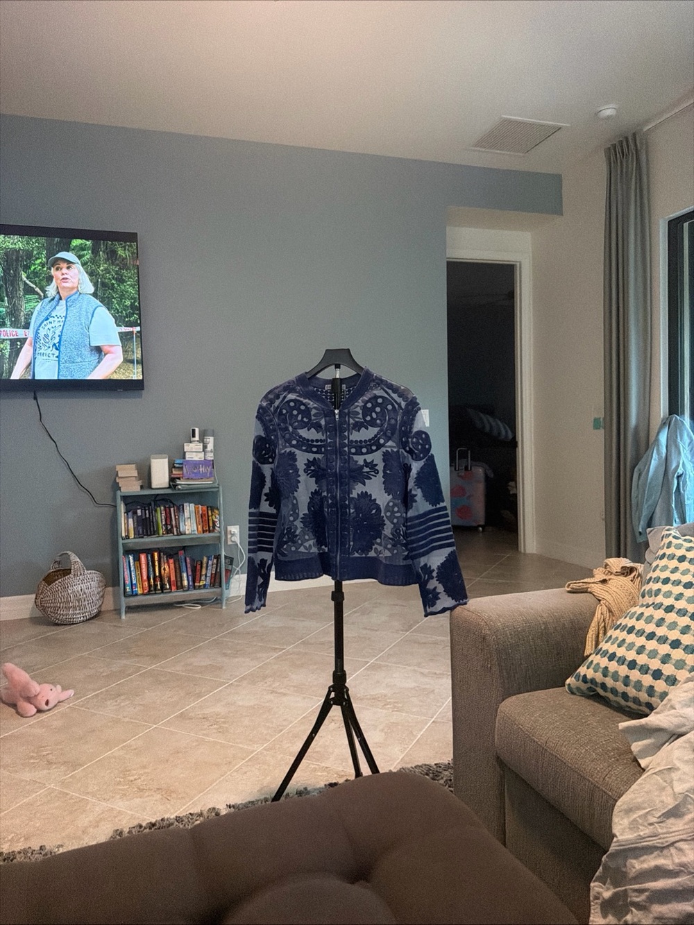 Blue Floral Print Bomber Jacket - Women's Zip Front